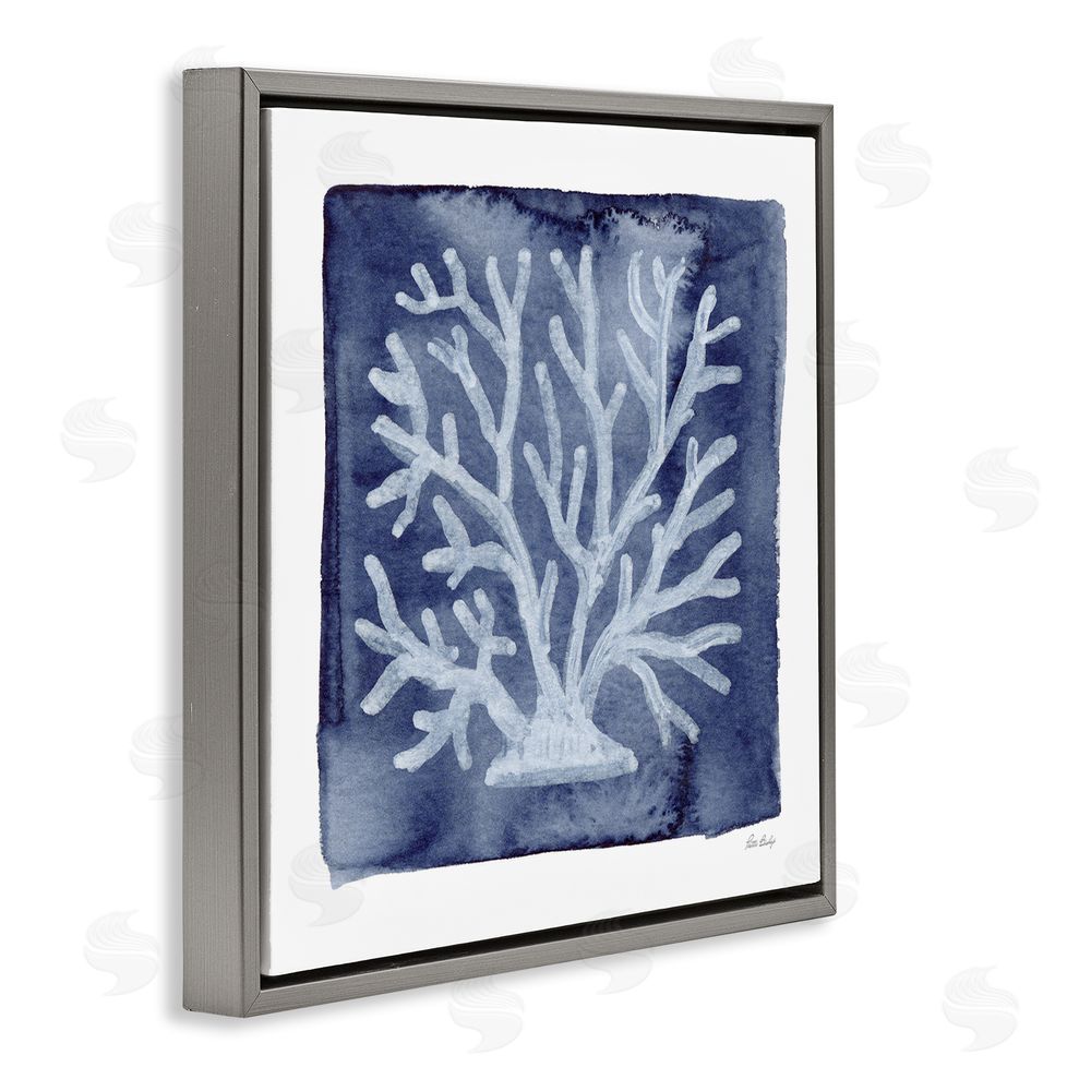 Patti Bishop White Coral on Indigo Gray Floating Frame Canvas Wall Art Print