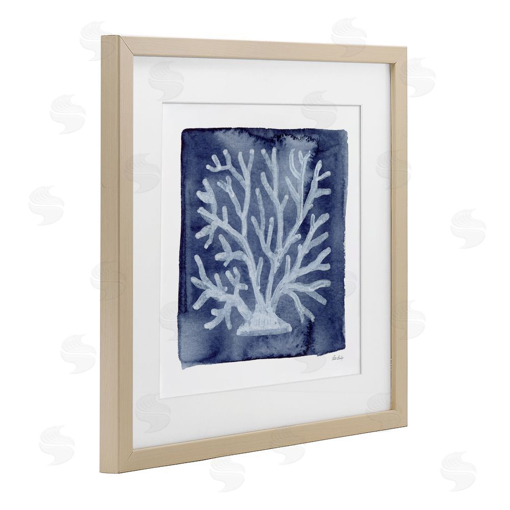 Patti Bishop White Coral on Indigo Brown Framed Print Under Glass Wall Art