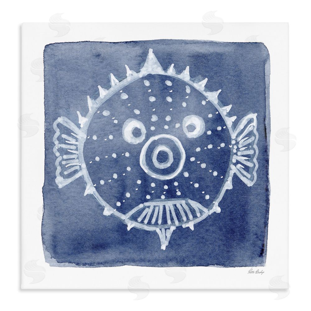 Patti Bishop White Blow Fish on Indigo Stretched Canvas Wall Art Print