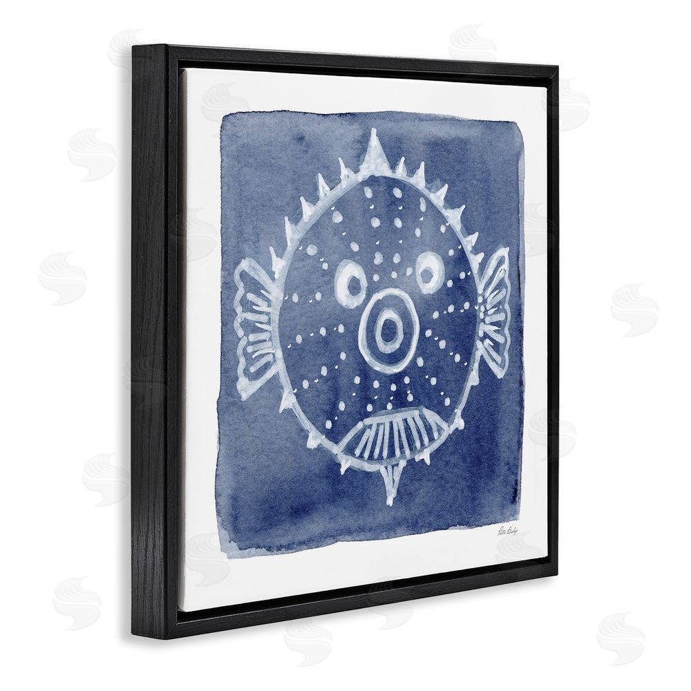 Patti Bishop White Blow Fish on Indigo Black Floating Frame Canvas Wall Art Print