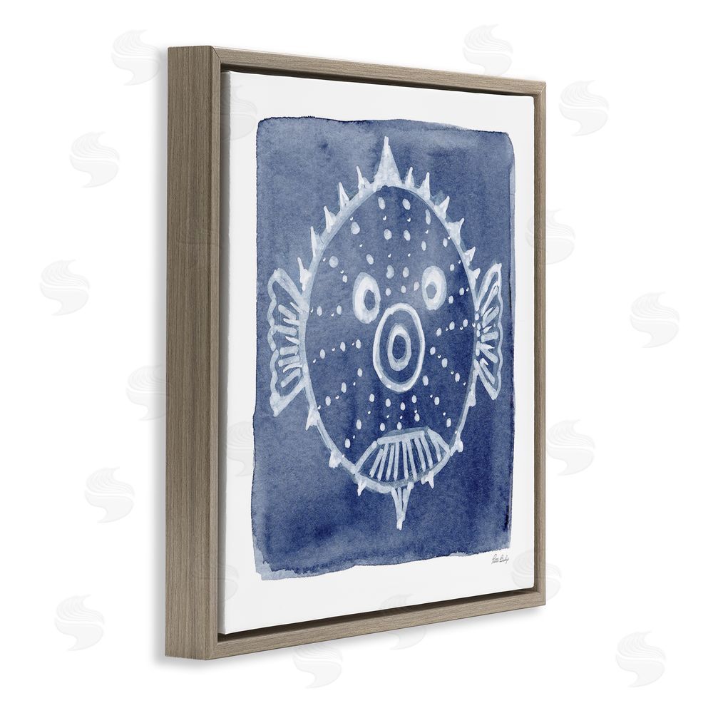 Patti Bishop White Blow Fish on Indigo Brown Floating Frame Canvas Wall Art Print