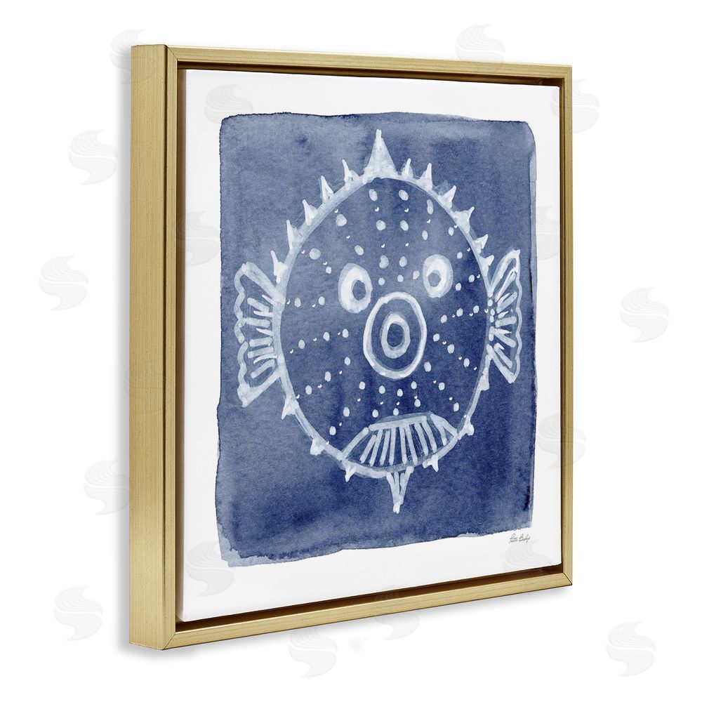 Patti Bishop White Blow Fish on Indigo Gold Floating Frame Canvas Wall Art Print