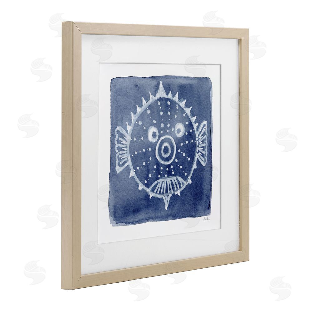 Patti Bishop White Blow Fish on Indigo Brown Framed Print Under Glass Wall Art