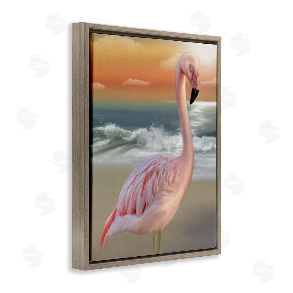 Matthew Piotrowicz Coastal Beach Flamingo Brown Floating Frame Canvas Wall Art Print