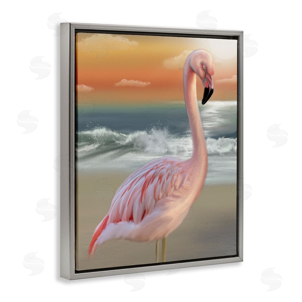 Matthew Piotrowicz Coastal Beach Flamingo Gray Floating Frame Canvas Wall Art Print