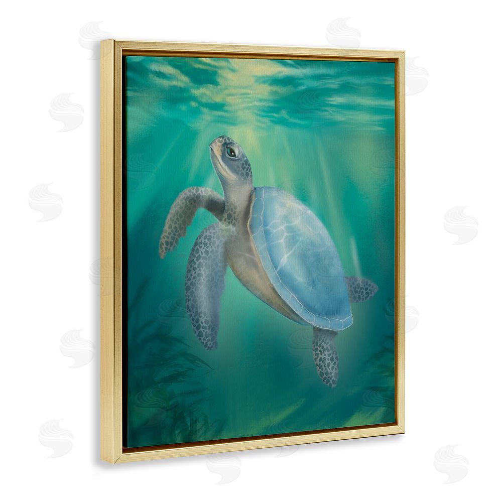 Matthew Piotrowicz Coastal Beach Sea Turtle Gold Floating Frame Canvas Wall Art Print