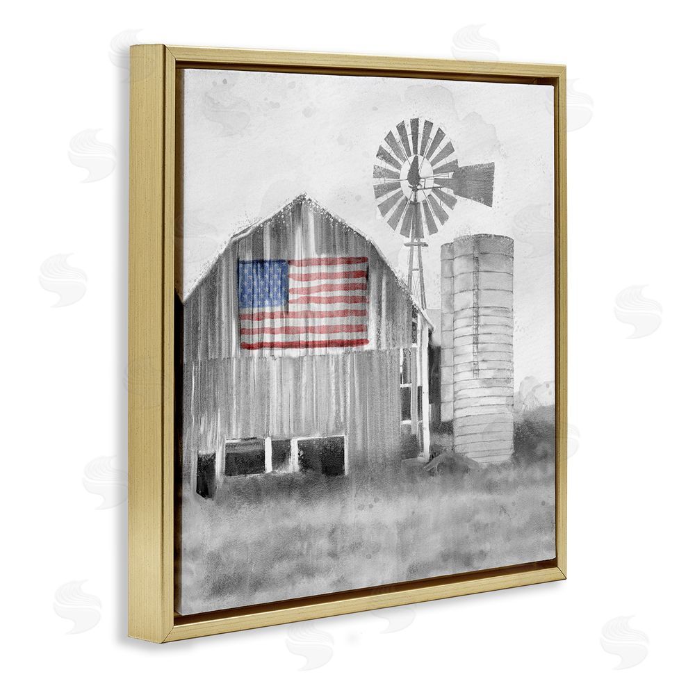 Kim Allen Grandfather's Barn with Flag Gold Floating Frame Canvas Wall Art Print