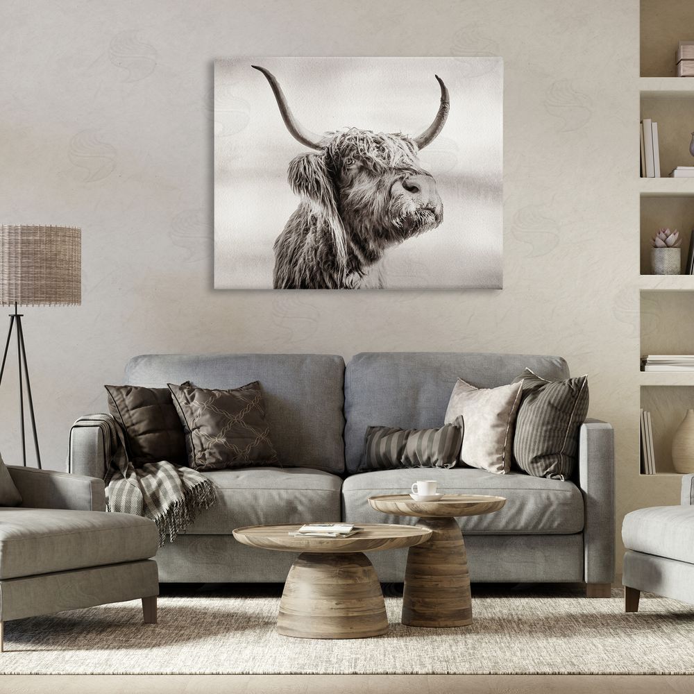 Julia Frost Horned Highland Cow Gazing Stretched Canvas Wall Art in Room