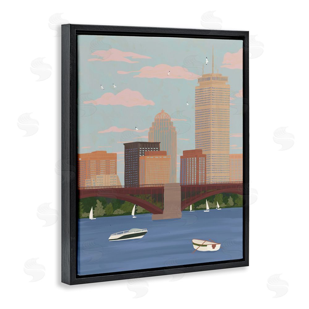 Veronica Lara Boston Skyline Bridge & Boats Black Floating Frame Canvas Wall Art Print