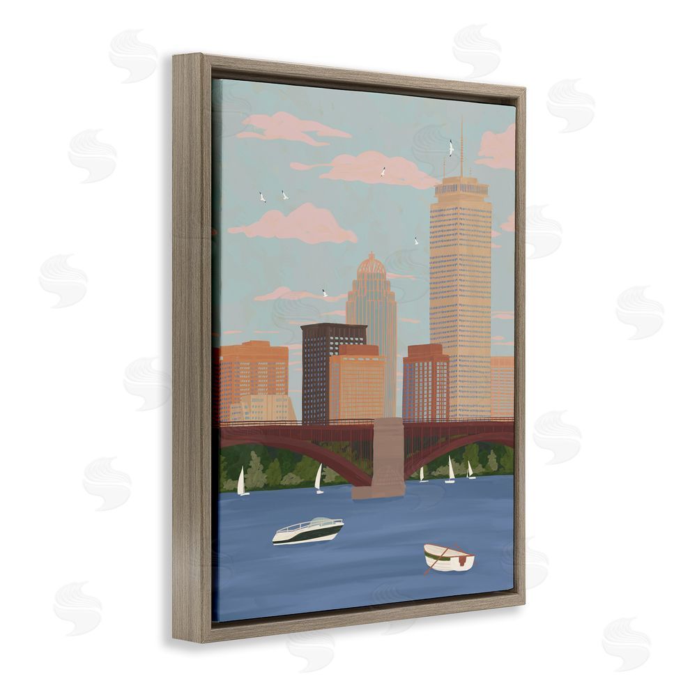 Veronica Lara Boston Skyline Bridge & Boats Brown Floating Frame Canvas Wall Art Print
