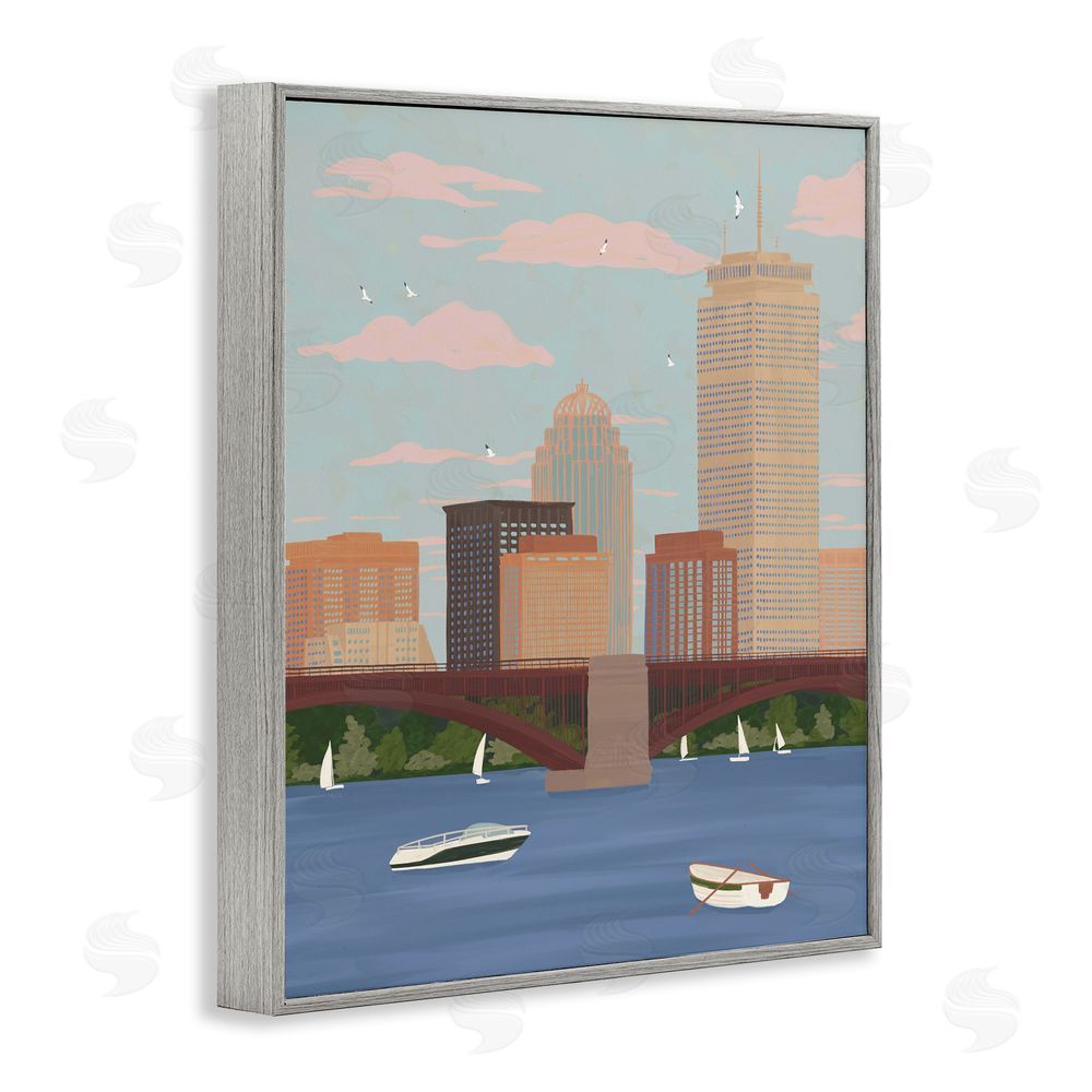 Veronica Lara Boston Skyline Bridge & Boats Gray Framed Giclee Wall Art Print