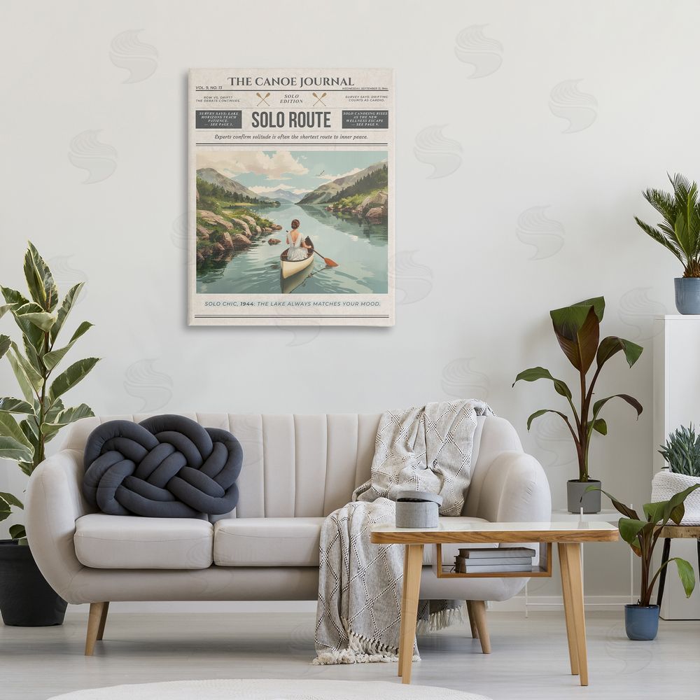 A Barefoot Stylist Canoe Journal Newspaper Stretched Canvas Wall Art in Room
