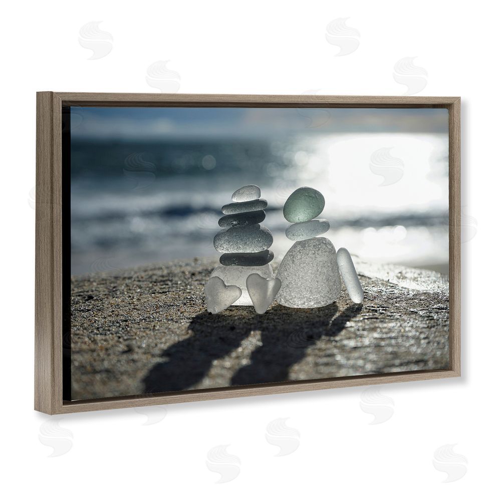LMarie Allen Zen Sea Glass Hearts Brown Floating Frame Stretched Canvas Wall Art Print