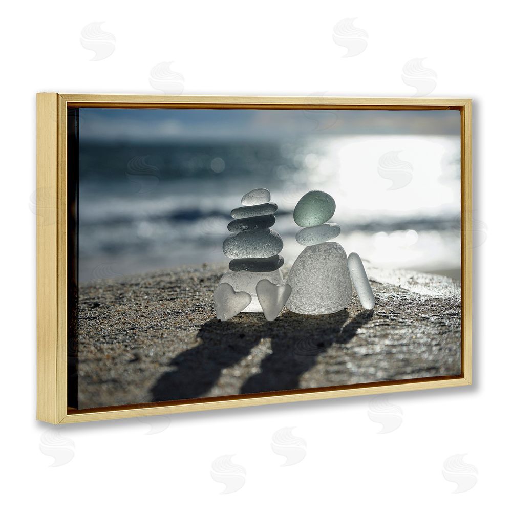 LMarie Allen Zen Sea Glass Hearts Gold Floating Frame Stretched Canvas Wall Art Print