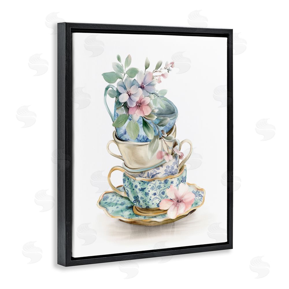 Kim Allen Floral Teacup Chinoiserie Black Floating Frame Canvas Wall Art