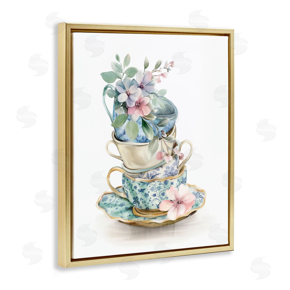 Kim Allen Floral Teacup Chinoiserie Gold Floating Frame Canvas Wall Art