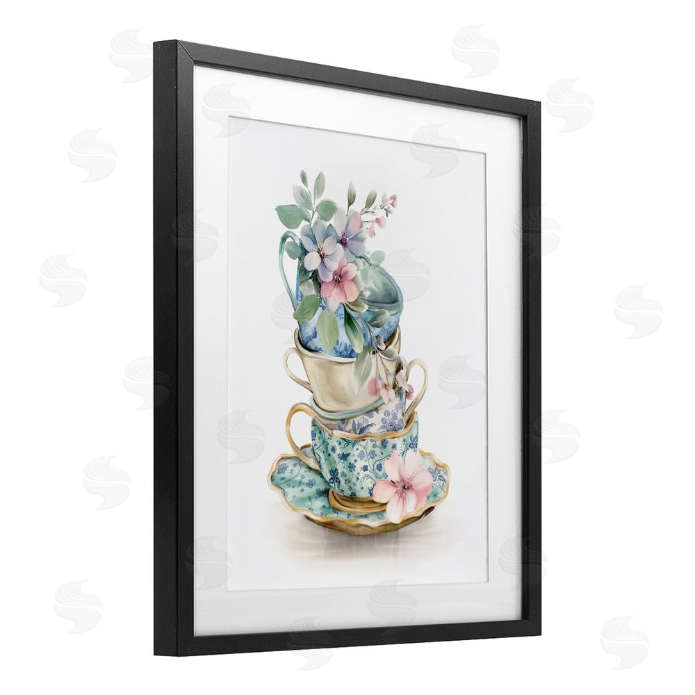 Kim Allen Floral Teacup Chinoiserie Black Framed Print Under Glass with Mat Wall Art