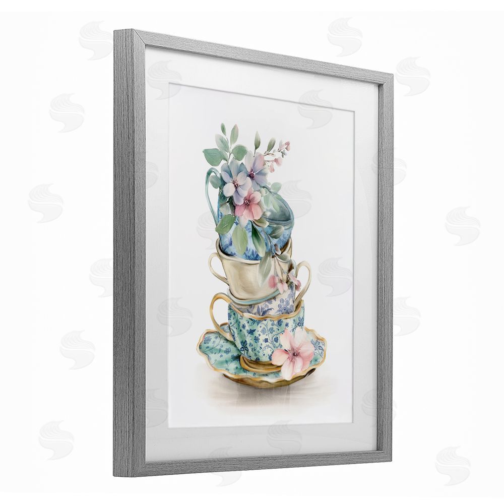 Kim Allen Floral Teacup Chinoiserie Gray Framed Print Under Glass with Mat Wall Art