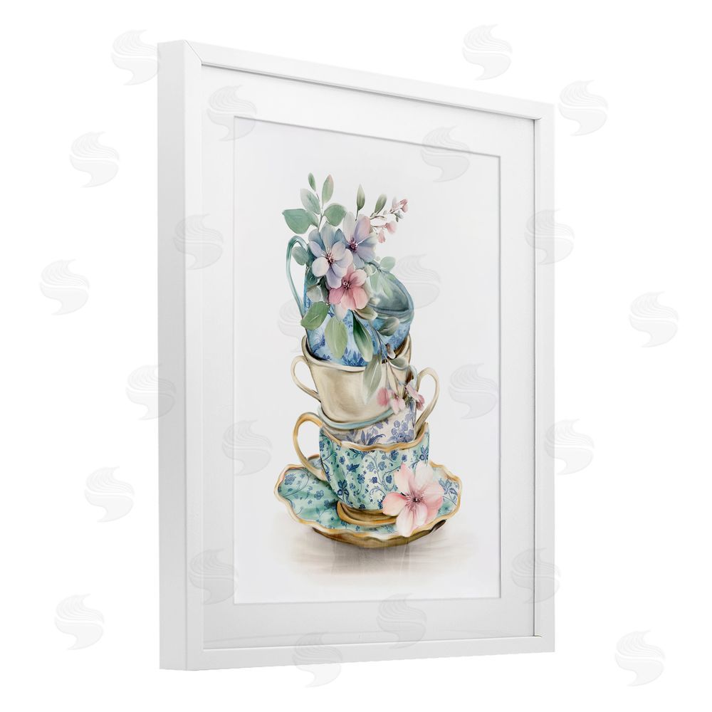Kim Allen Floral Teacup Chinoiserie White Framed Print Under Glass with Mat Wall Art