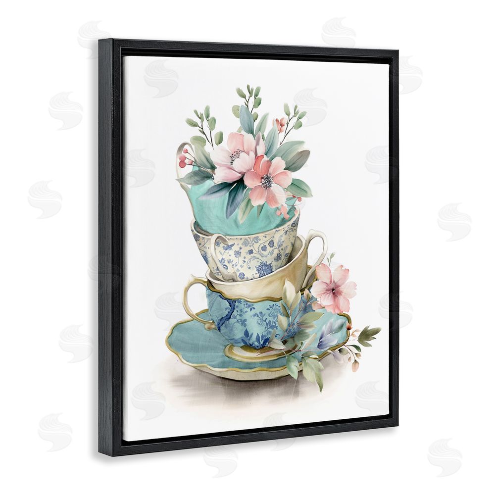 Kim Allen Tea Cup Chinoiserie Blossoms Black Floating Frame Canvas Wall Art Print