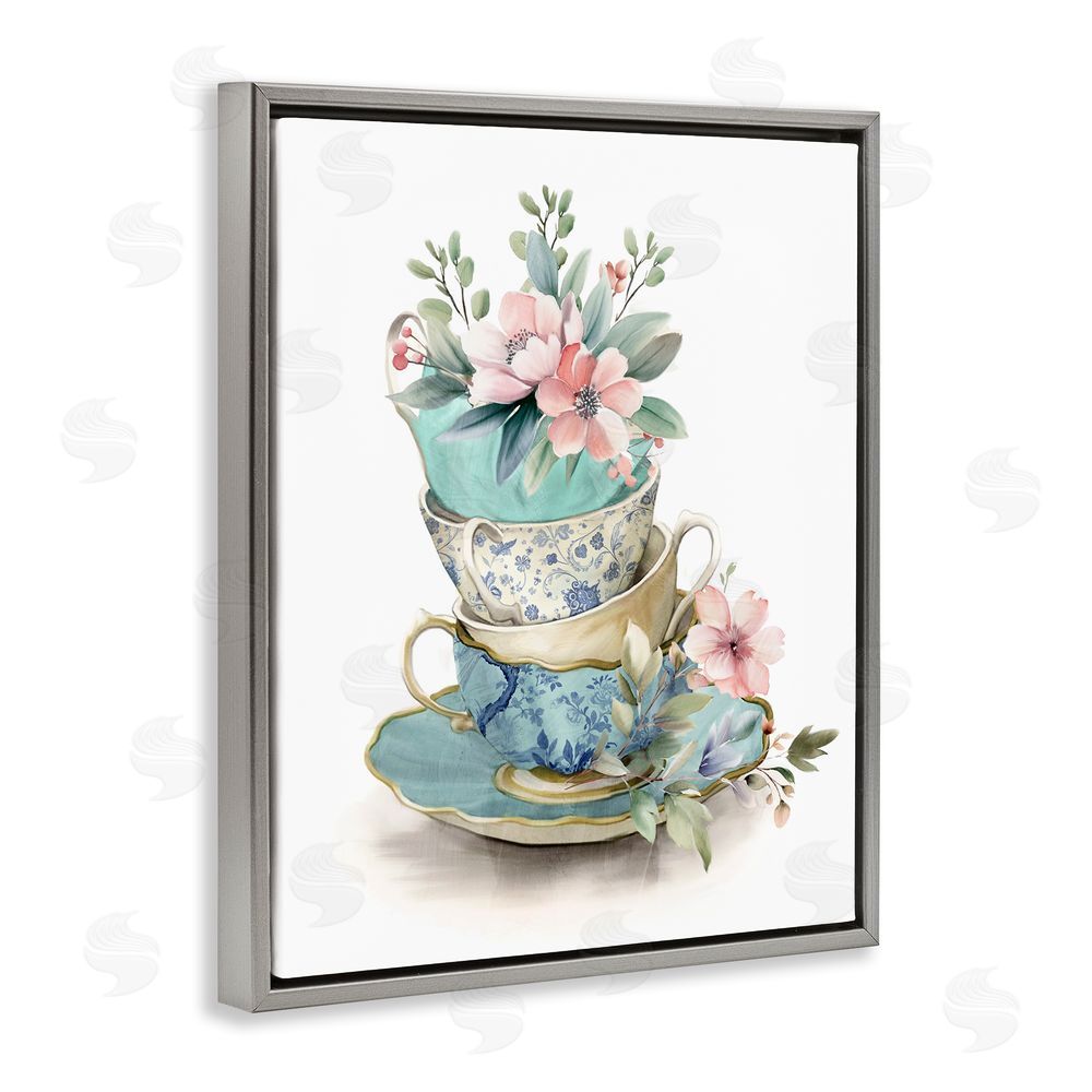 Kim Allen Tea Cup Chinoiserie Blossoms Gray Floating Frame Canvas Wall Art Print