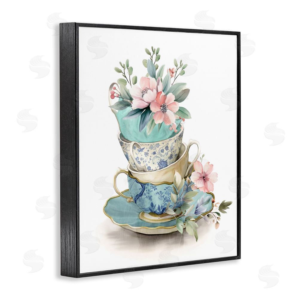 Kim Allen Tea Cup Chinoiserie Blossoms Black Framed Giclee Wall Art Print