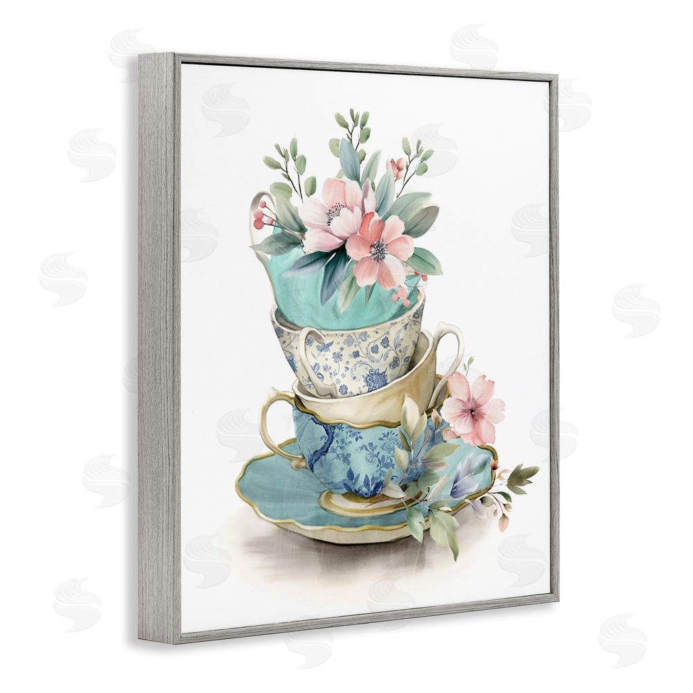 Kim Allen Tea Cup Chinoiserie Blossoms Gray Framed Giclee Wall Art Print
