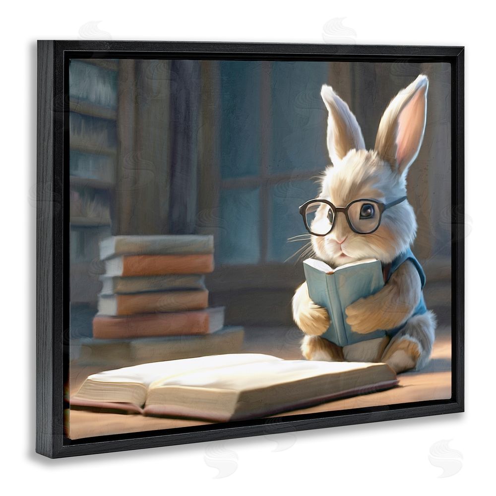 Kim Allen Bookish Bunny at Desk Black Floating Frame Canvas Wall Art Print