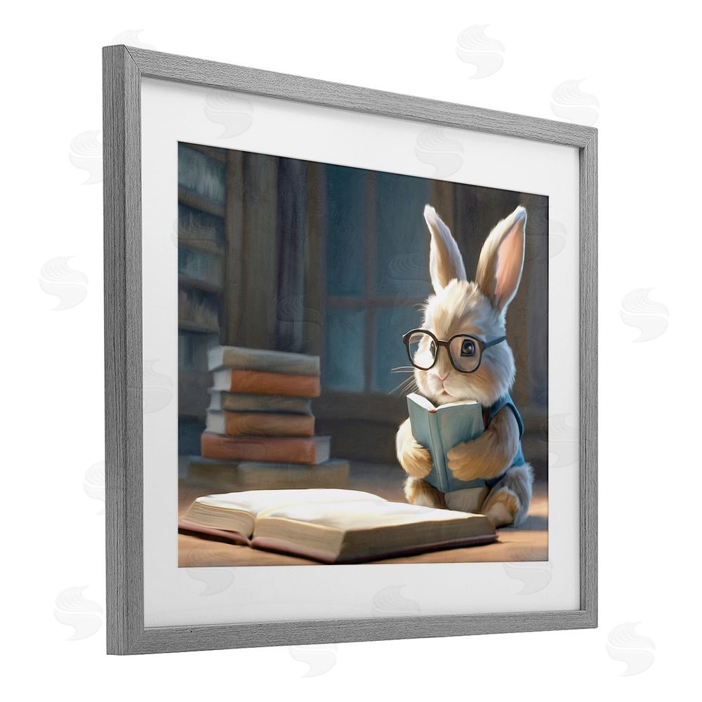 Kim Allen Bookish Bunny at Desk Gray Framed Print Under Glass Wall Art