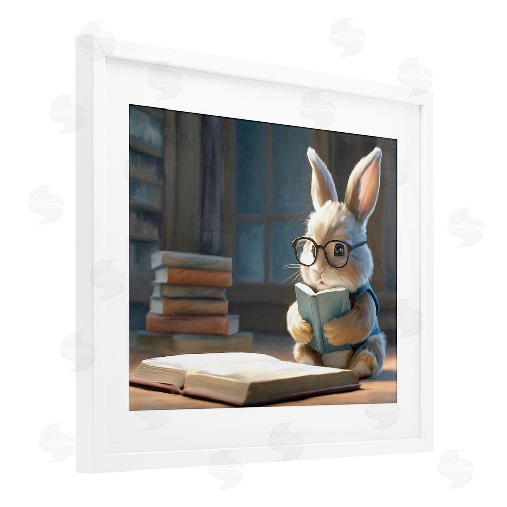 Kim Allen Bookish Bunny at Desk White Framed Print Under Glass Wall Art