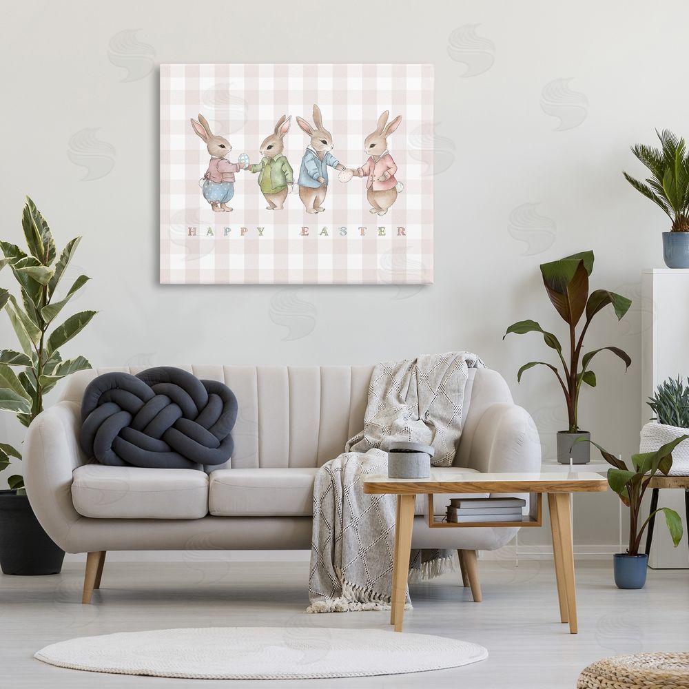 Leah Straatsma Easter Bunnies Pink Gingham Stretched Canvas Wall Art in Room