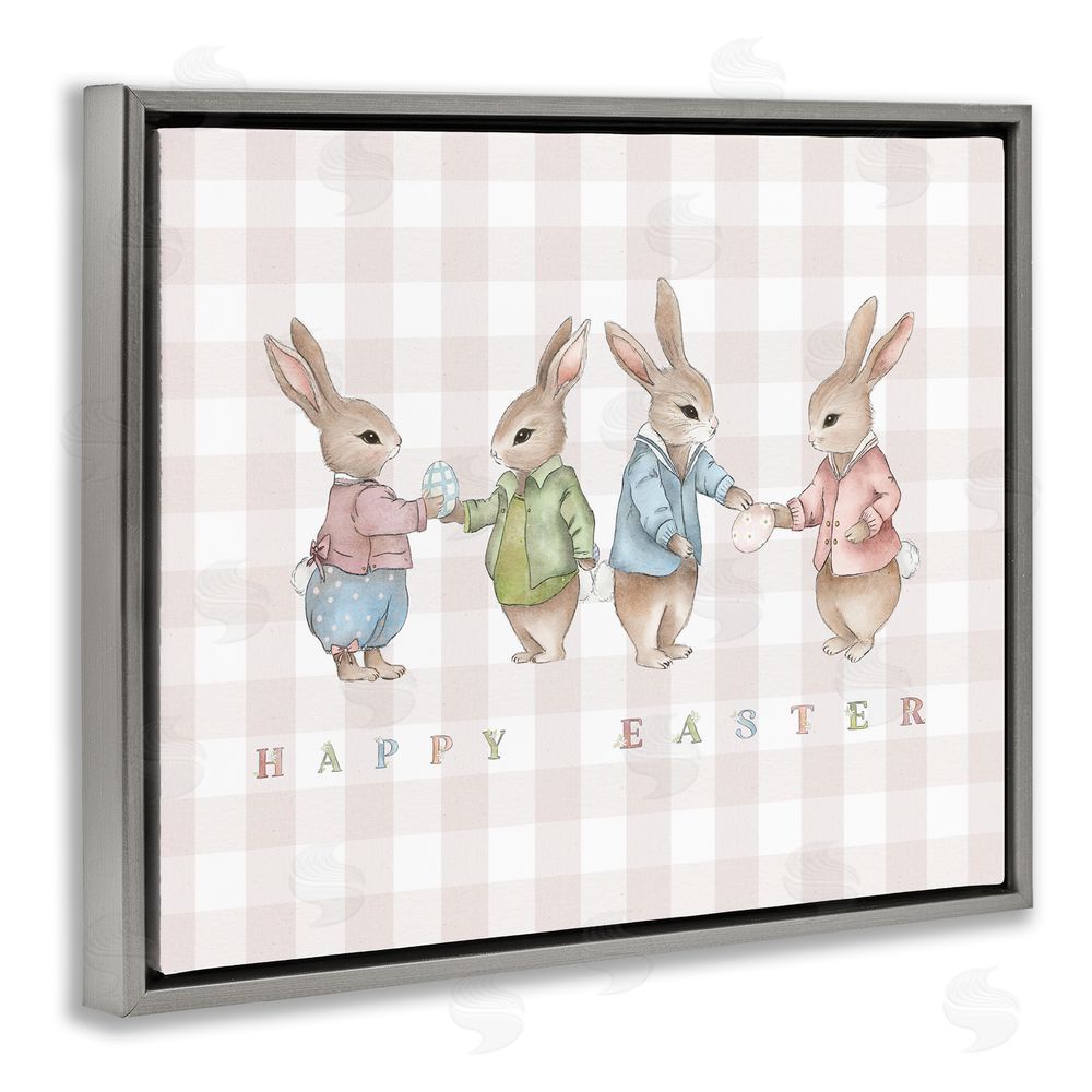 Leah Straatsma Easter Bunnies Pink Gingham Gray Floating Frame Canvas Wall Art
