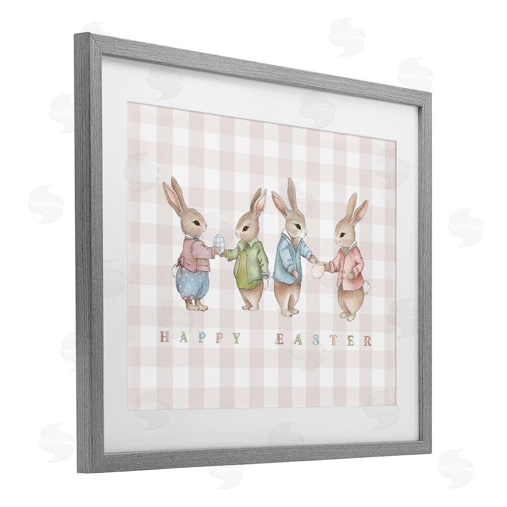 Leah Straatsma Easter Bunnies Pink Gingham Gray Framed Print Under Glass with Mat Wall Art