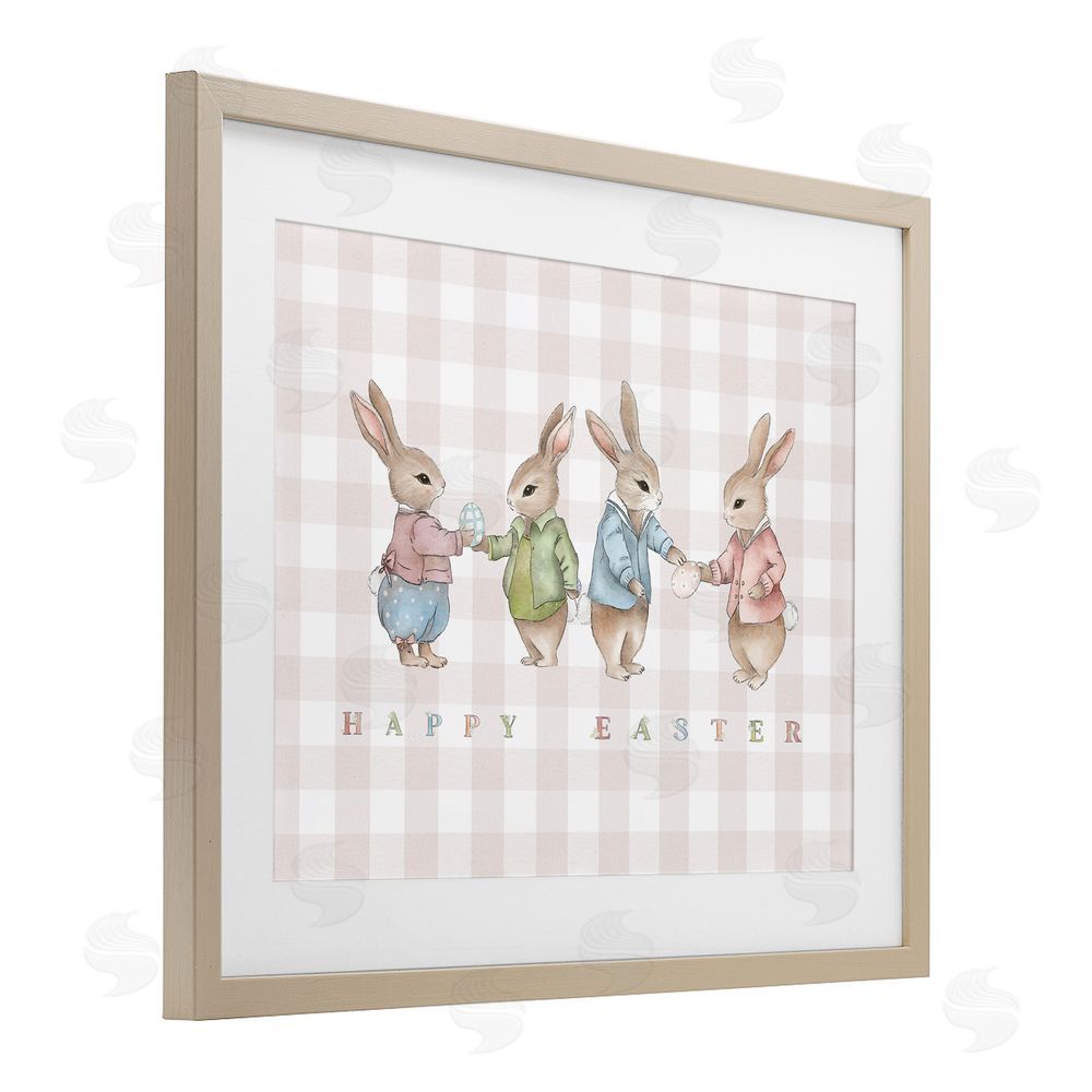 Leah Straatsma Easter Bunnies Pink Gingham Brown Framed Print Under Glass with Mat Wall Art
