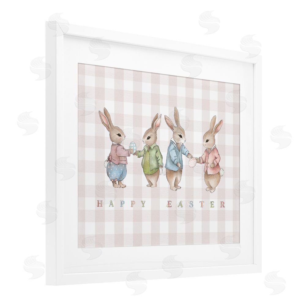 Leah Straatsma Easter Bunnies Pink Gingham White Framed Print Under Glass with Mat Wall Art