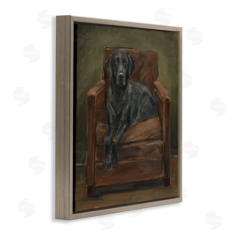 Ethan Harper Black Labrador on Leather Chair Brown Floating Frame Canvas Wall Art Print