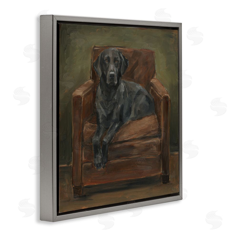 Ethan Harper Black Labrador on Leather Chair Gray Floating Frame Canvas Wall Art Print