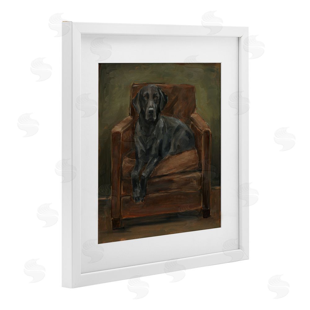 Ethan Harper Black Labrador on Leather Chair White Framed Print Under Glass Wall Art