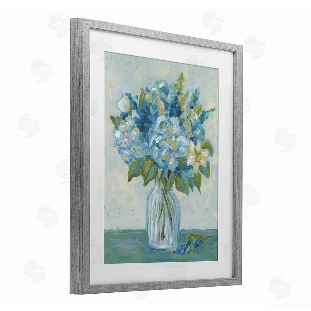 June Erica Vess Blue Toned Painterly Bouquet Gray Framed Print Under Glass Wall Art