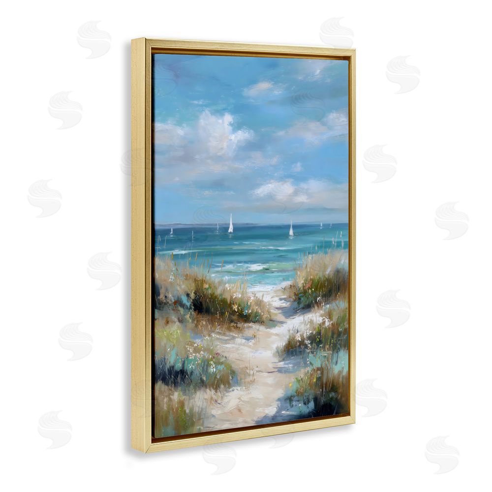 Petal Prints Design Sailboat Path Impression Gold Floating Framed Canvas Wall Art Print
