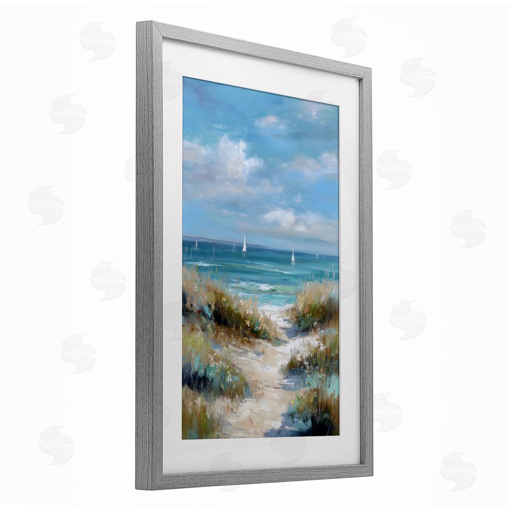 Petal Prints Design Sailboat Path Impression Gray Framed Print Under Glass with White Mat Wall Art
