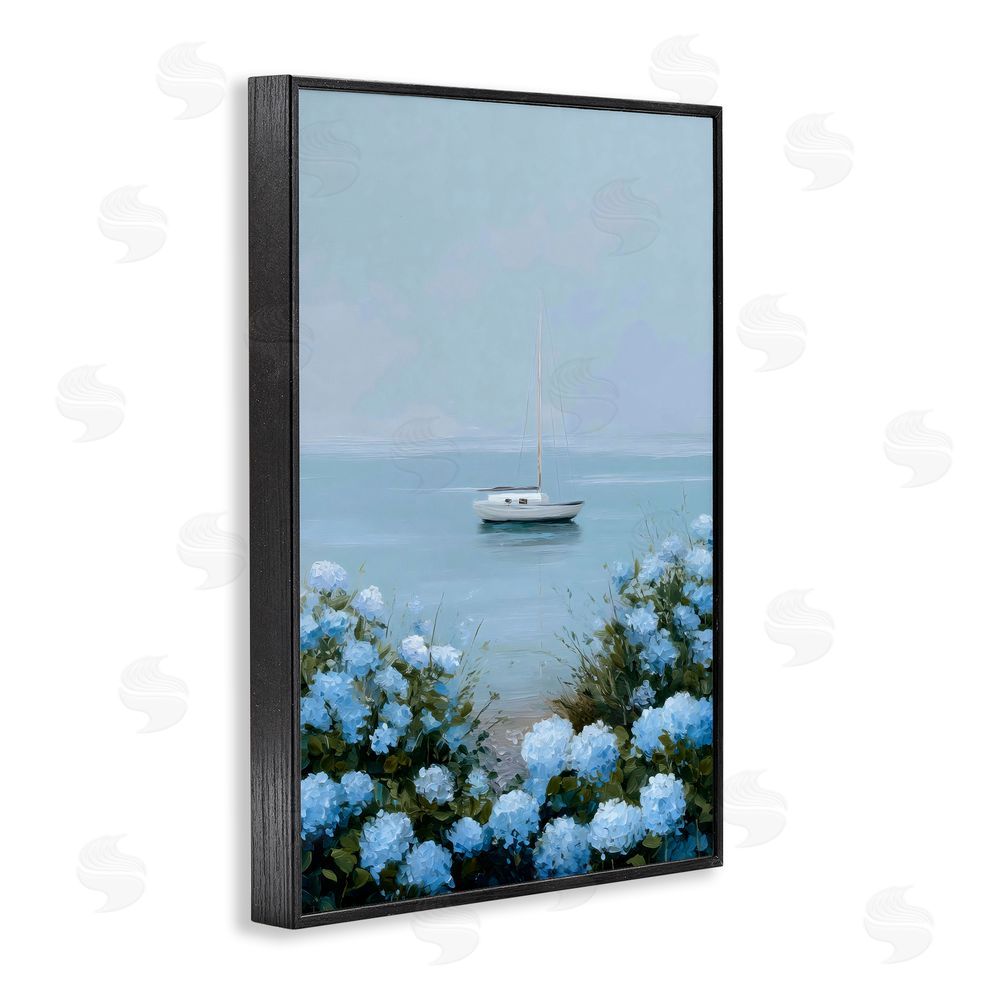 Petal Prints Design Yacht in Floral Bay Black Framed Giclee Wall Art Print