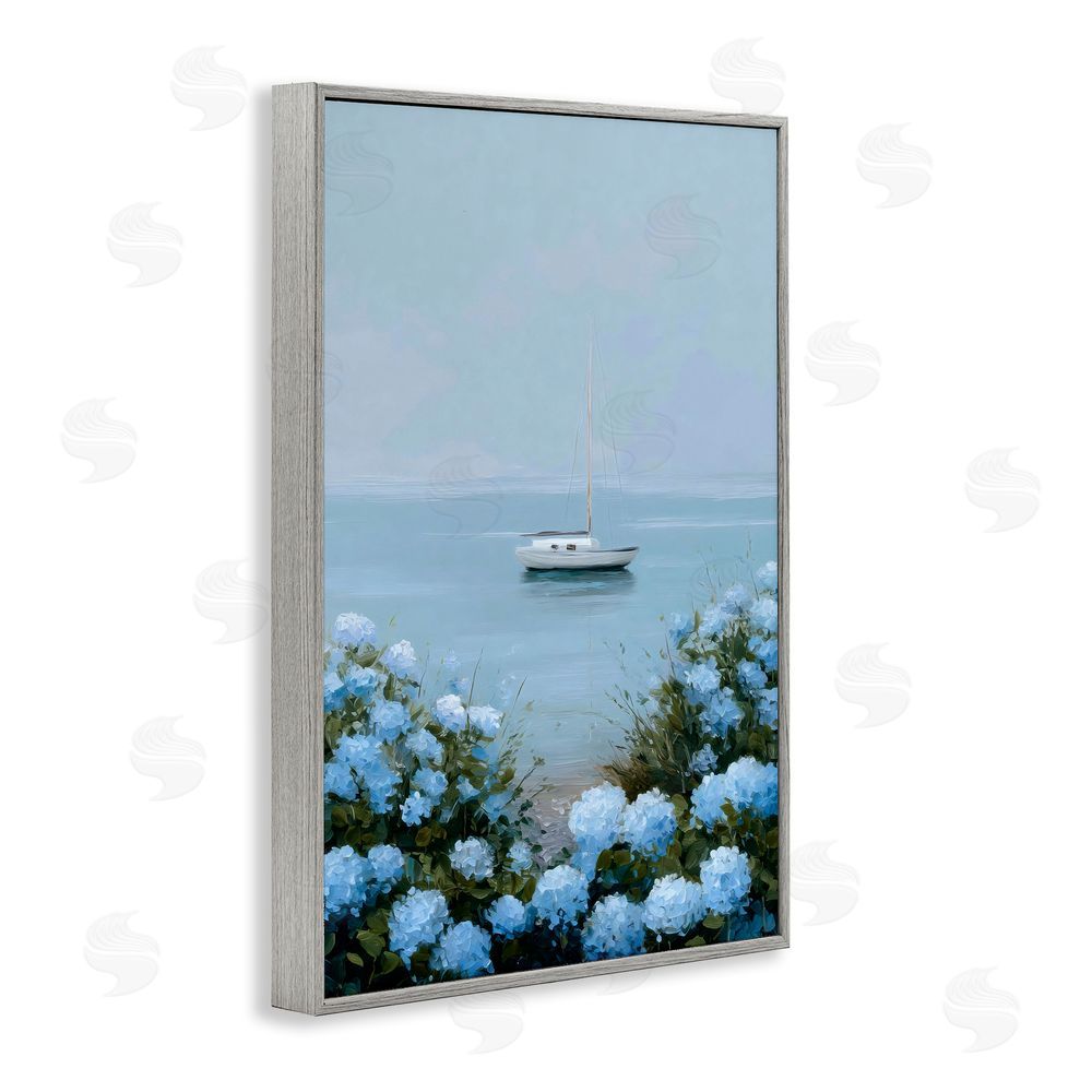 Petal Prints Design Yacht in Floral Bay Gray Framed Giclee Wall Art Print