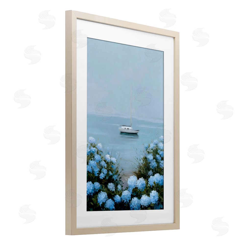 Petal Prints Design Yacht in Floral Bay Brown Framed Print Under Glass with White Mat Wall Art