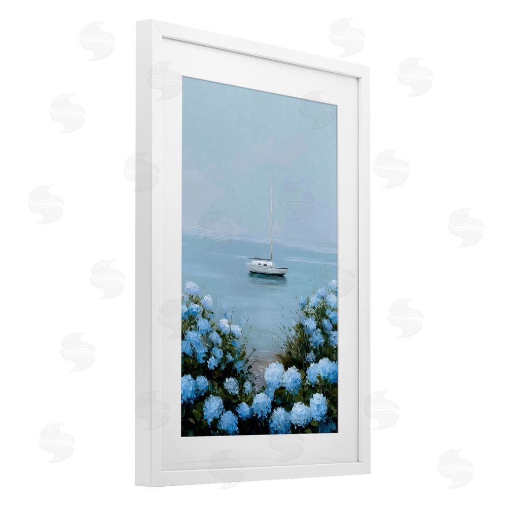 Petal Prints Design Yacht in Floral Bay White Framed Print Under Glass with White Mat Wall Art