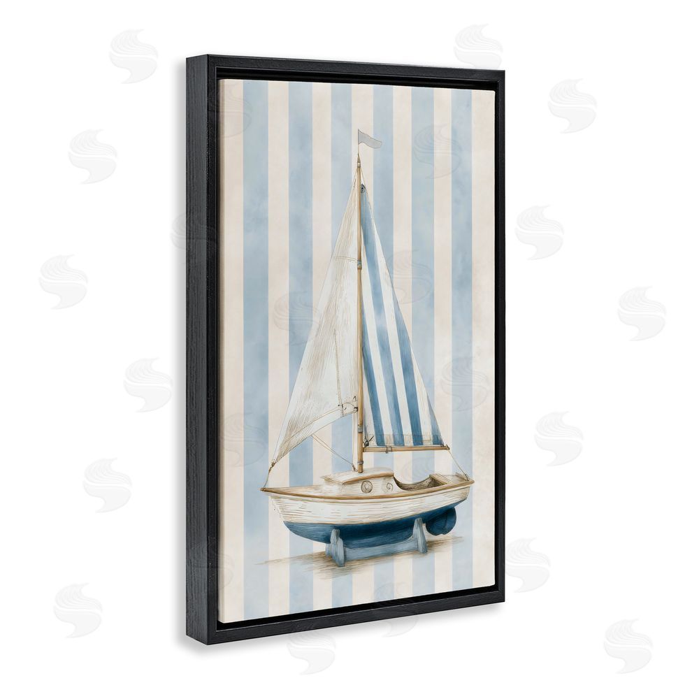 Petal Prints Design Seaside Stripes Sailboat Black Floating Framed Canvas Wall Art Print