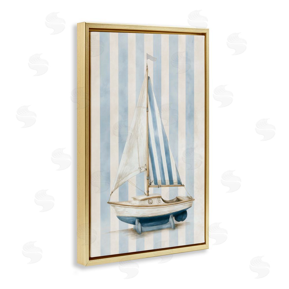 Petal Prints Design Seaside Stripes Sailboat Gold Floating Framed Canvas Wall Art Print