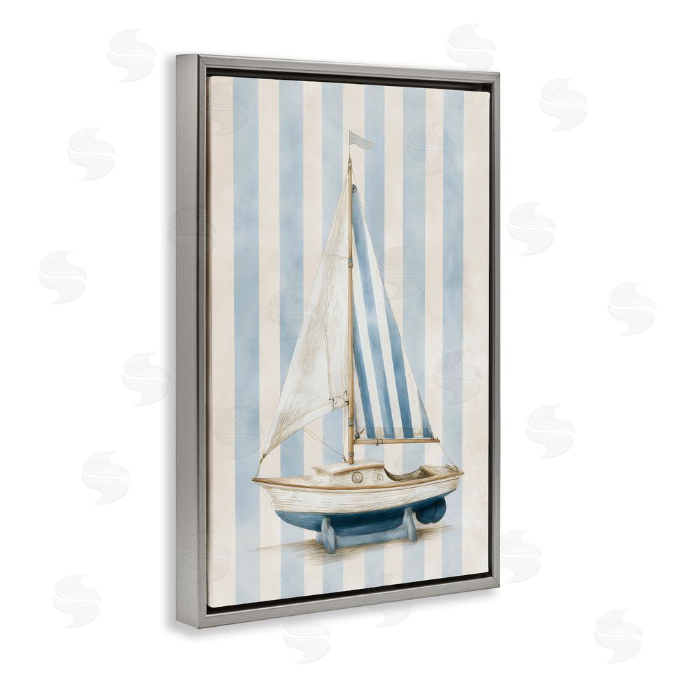 Petal Prints Design Seaside Stripes Sailboat Gray Floating Framed Canvas Wall Art Print