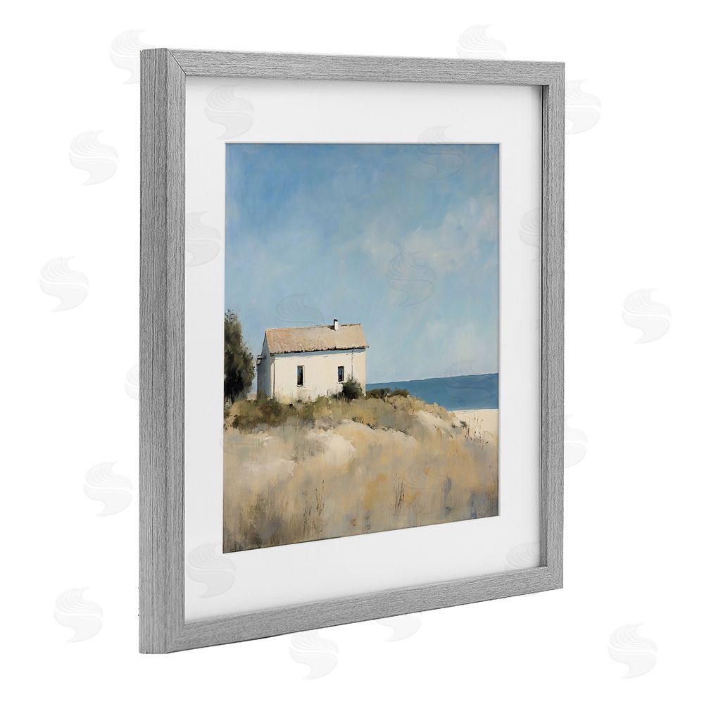 Creative Studio Simple Beach House on Dunes Gray Framed Print Under Glass with White Mat Wall Art