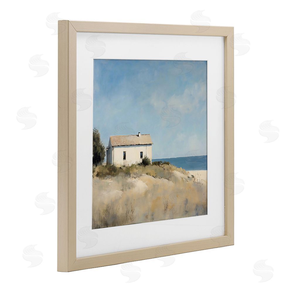 Creative Studio Simple Beach House on Dunes Brown Framed Print Under Glass with White Mat Wall Art